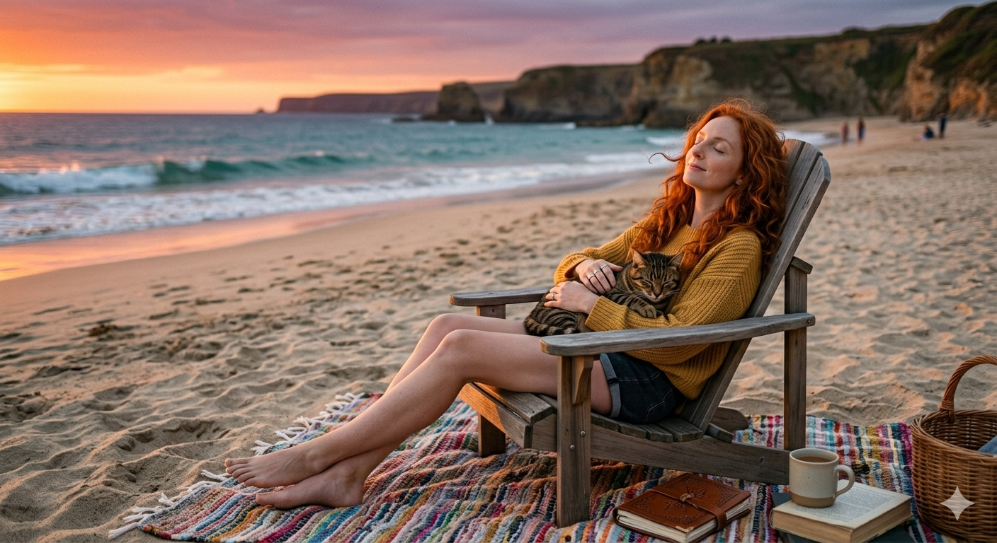 Angelica seated on the beach at sunset