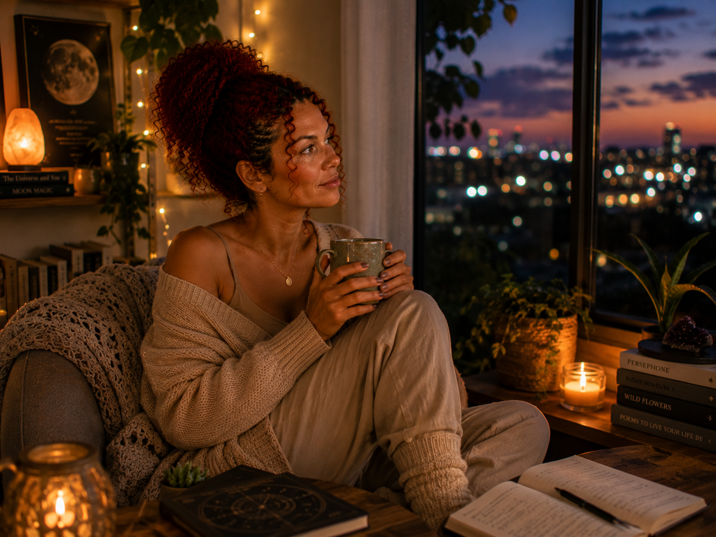 Angelica’s AI-created avatar having coffee in a relaxed everyday setting