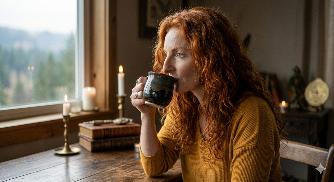 Angelica seated by a window with a cup of coffee