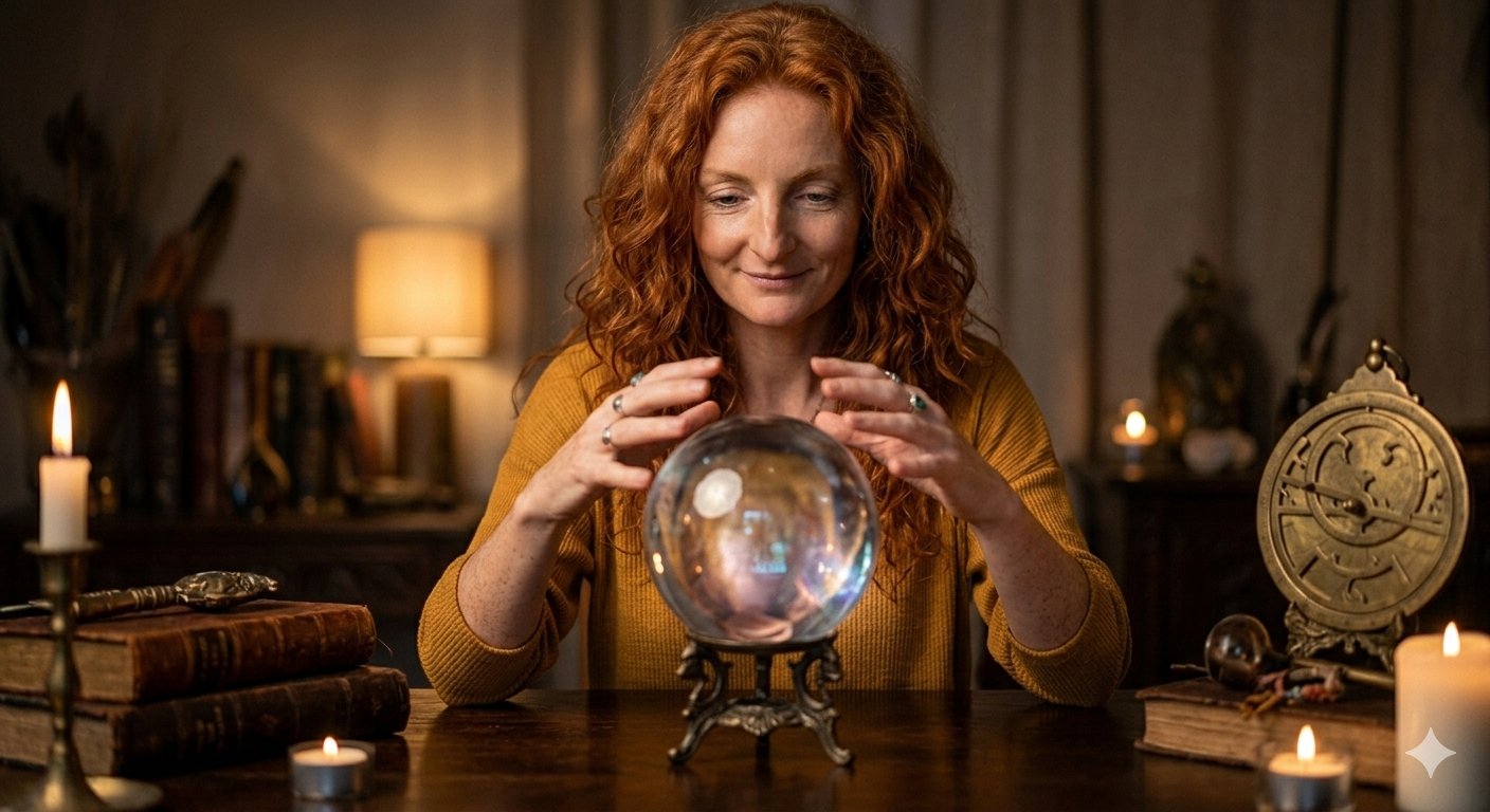 Angelica preparing a reading with a crystal ball