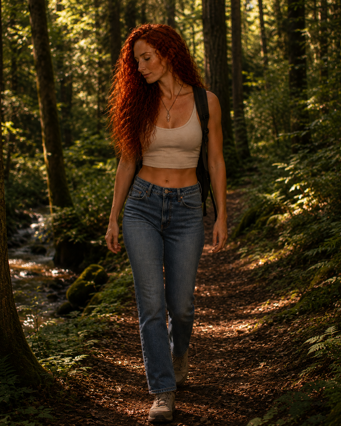Angelica's avatar walking a peaceful forest trail