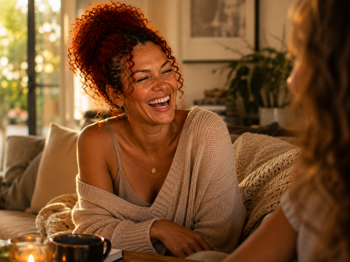 Angelica’s AI-created avatar laughing with a friend in a warm social setting
