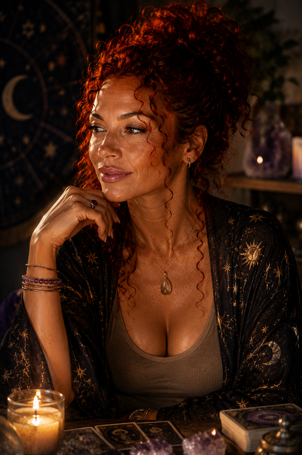 Angelica’s AI-created avatar looking away in a reflective candlelit close-up