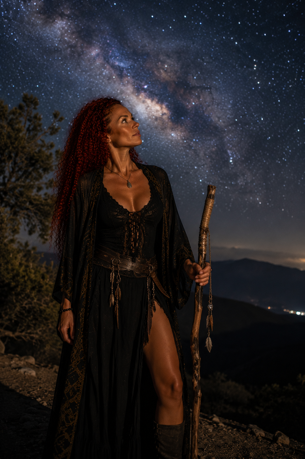 Angelica's avatar looking toward the horizon with a walking stick