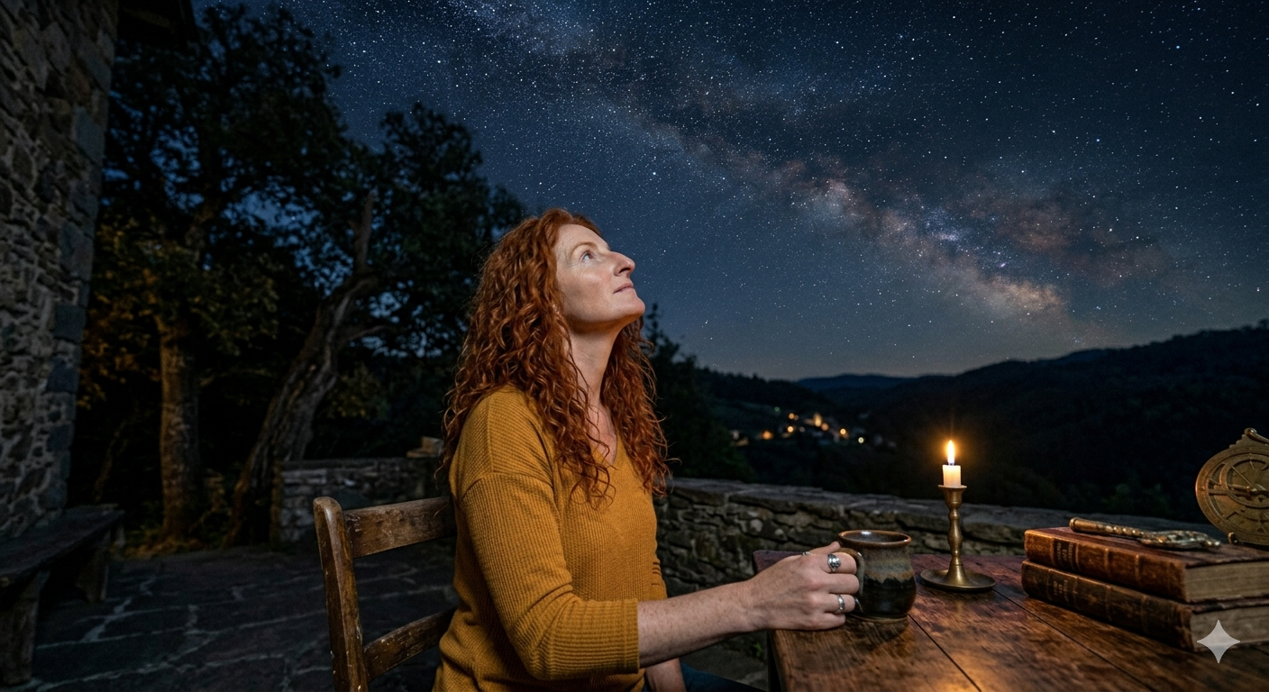 Angelica looking up at the night sky by candlelight