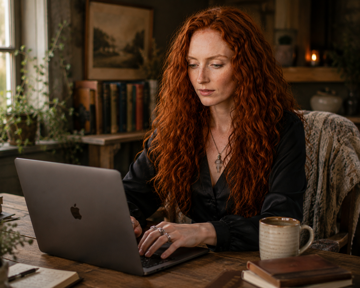 Angelica's avatar working at a laptop in a cosy study